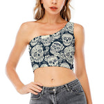 White Floral Sugar Skull Pattern Print One Shoulder Crop Top