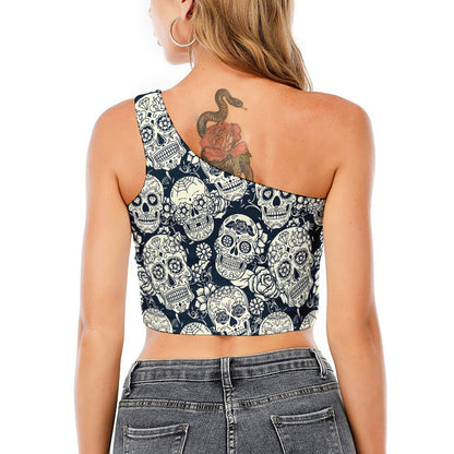 White Floral Sugar Skull Pattern Print One Shoulder Crop Top