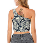 White Floral Sugar Skull Pattern Print One Shoulder Crop Top