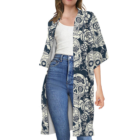 White Floral Sugar Skull Pattern Print Open Front Beach Cover Up