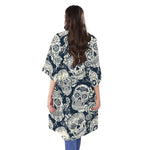 White Floral Sugar Skull Pattern Print Open Front Beach Cover Up