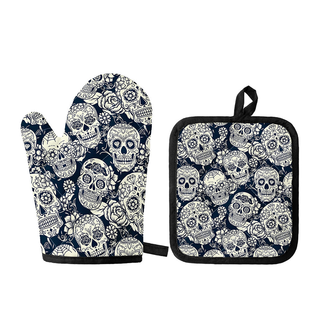 White Floral Sugar Skull Pattern Print Oven Mitt And Pot Holder Set