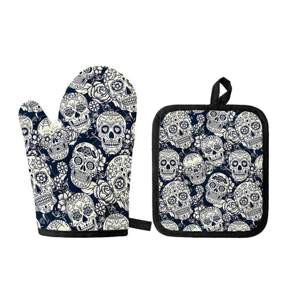 White Floral Sugar Skull Pattern Print Oven Mitt And Pot Holder Set