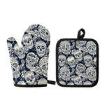White Floral Sugar Skull Pattern Print Oven Mitt And Pot Holder Set