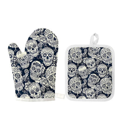 White Floral Sugar Skull Pattern Print Oven Mitt And Pot Holder Set