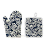 White Floral Sugar Skull Pattern Print Oven Mitt And Pot Holder Set