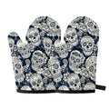 White Floral Sugar Skull Pattern Print Oven Mitts