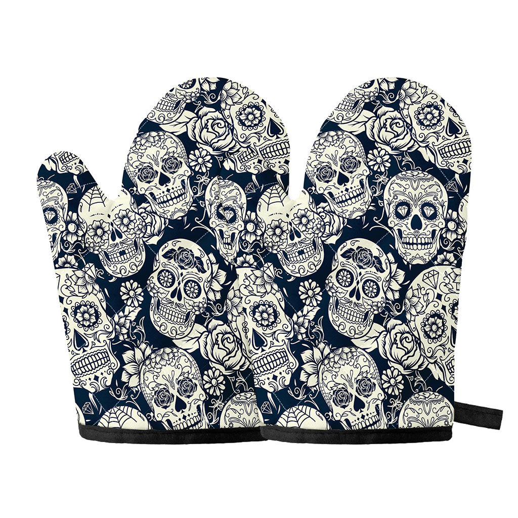 White Floral Sugar Skull Pattern Print Oven Mitts