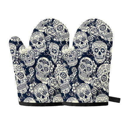 White Floral Sugar Skull Pattern Print Oven Mitts