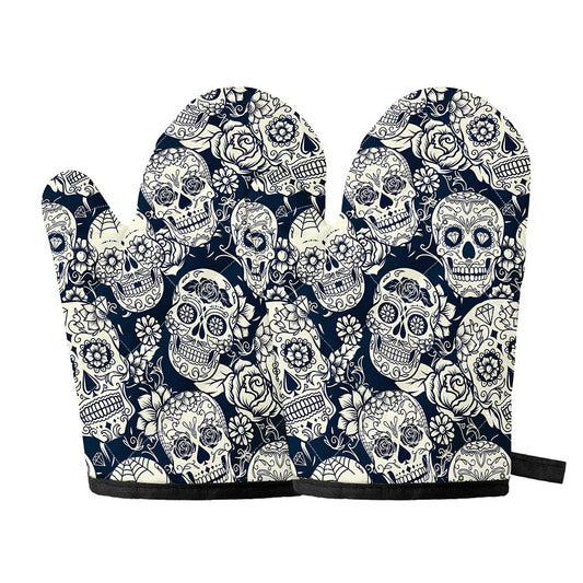 White Floral Sugar Skull Pattern Print Oven Mitts