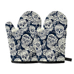 White Floral Sugar Skull Pattern Print Oven Mitts