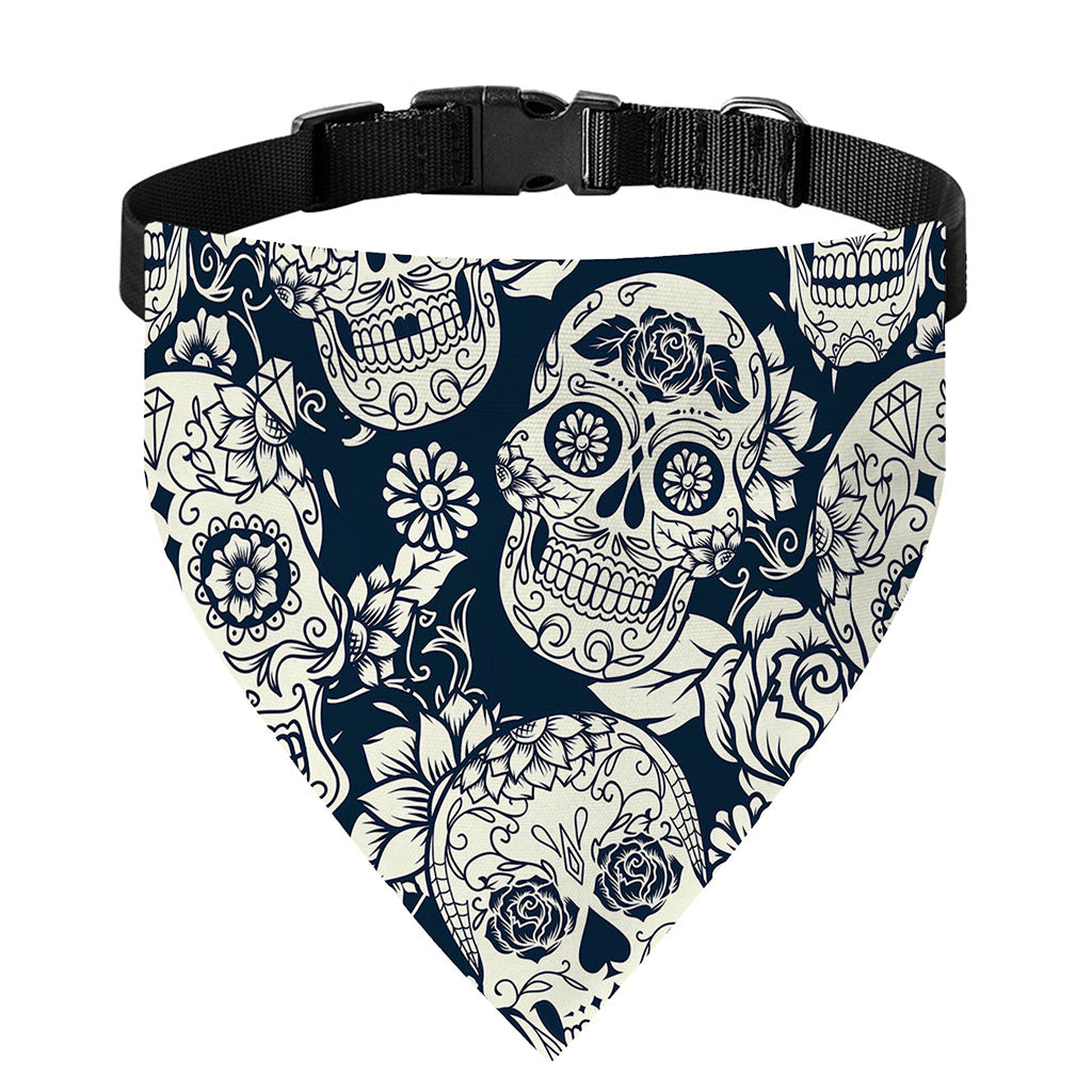 White Floral Sugar Skull Pattern Print Over The Collar Dog Bandana