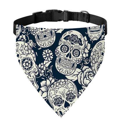 White Floral Sugar Skull Pattern Print Over The Collar Dog Bandana