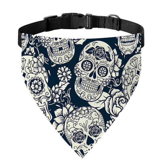White Floral Sugar Skull Pattern Print Over The Collar Dog Bandana