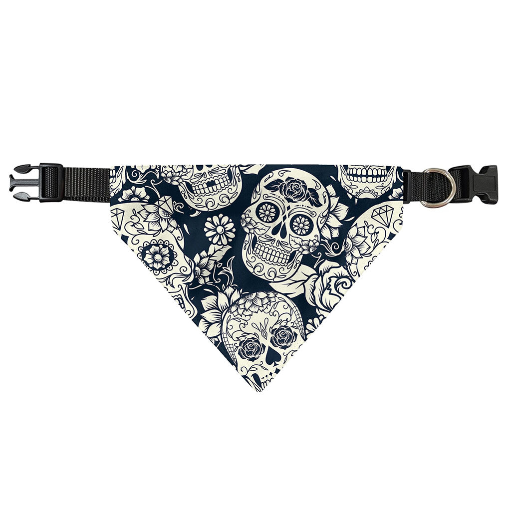 White Floral Sugar Skull Pattern Print Over The Collar Dog Bandana