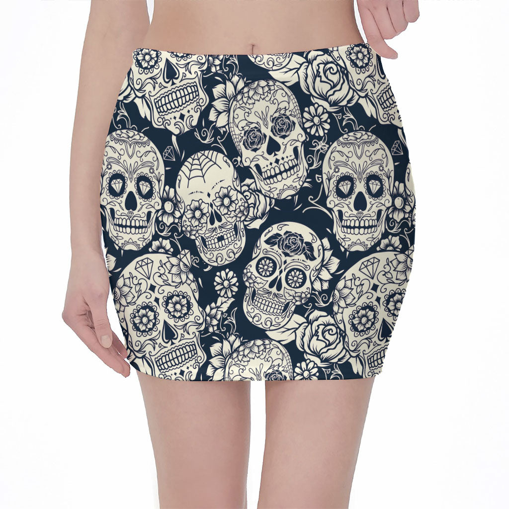 White Floral Sugar Skull Pattern Print Pencil Mini Skirt