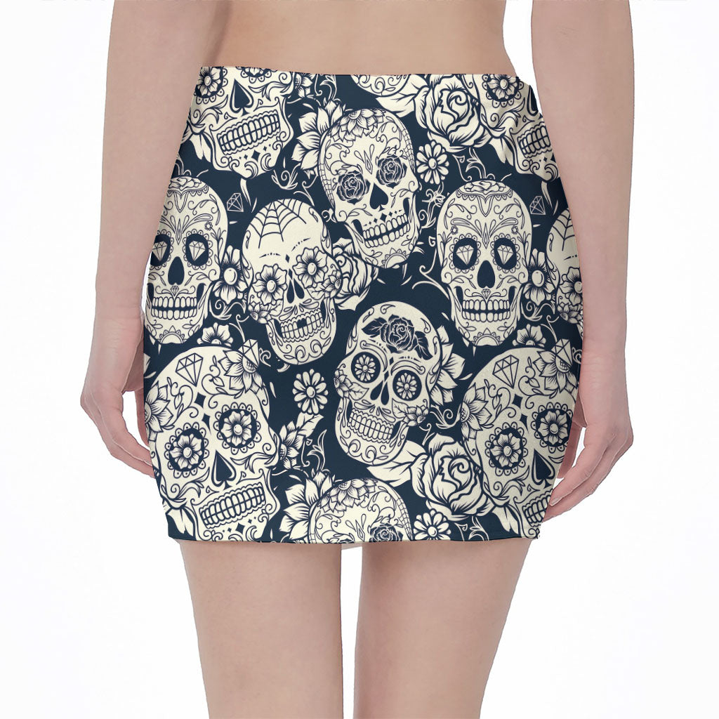 White Floral Sugar Skull Pattern Print Pencil Mini Skirt