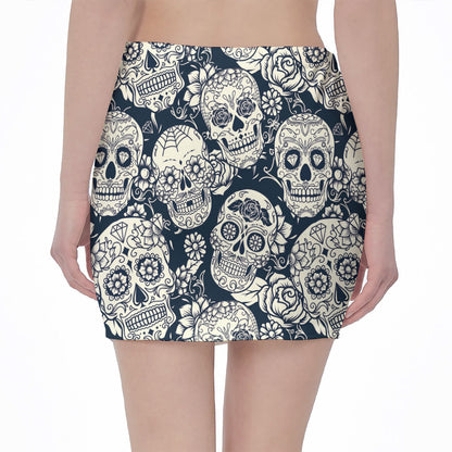 White Floral Sugar Skull Pattern Print Pencil Mini Skirt