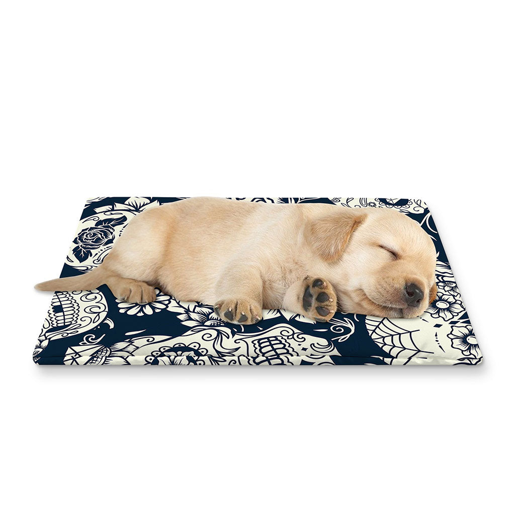 White Floral Sugar Skull Pattern Print Pet Cooling Mat Cover