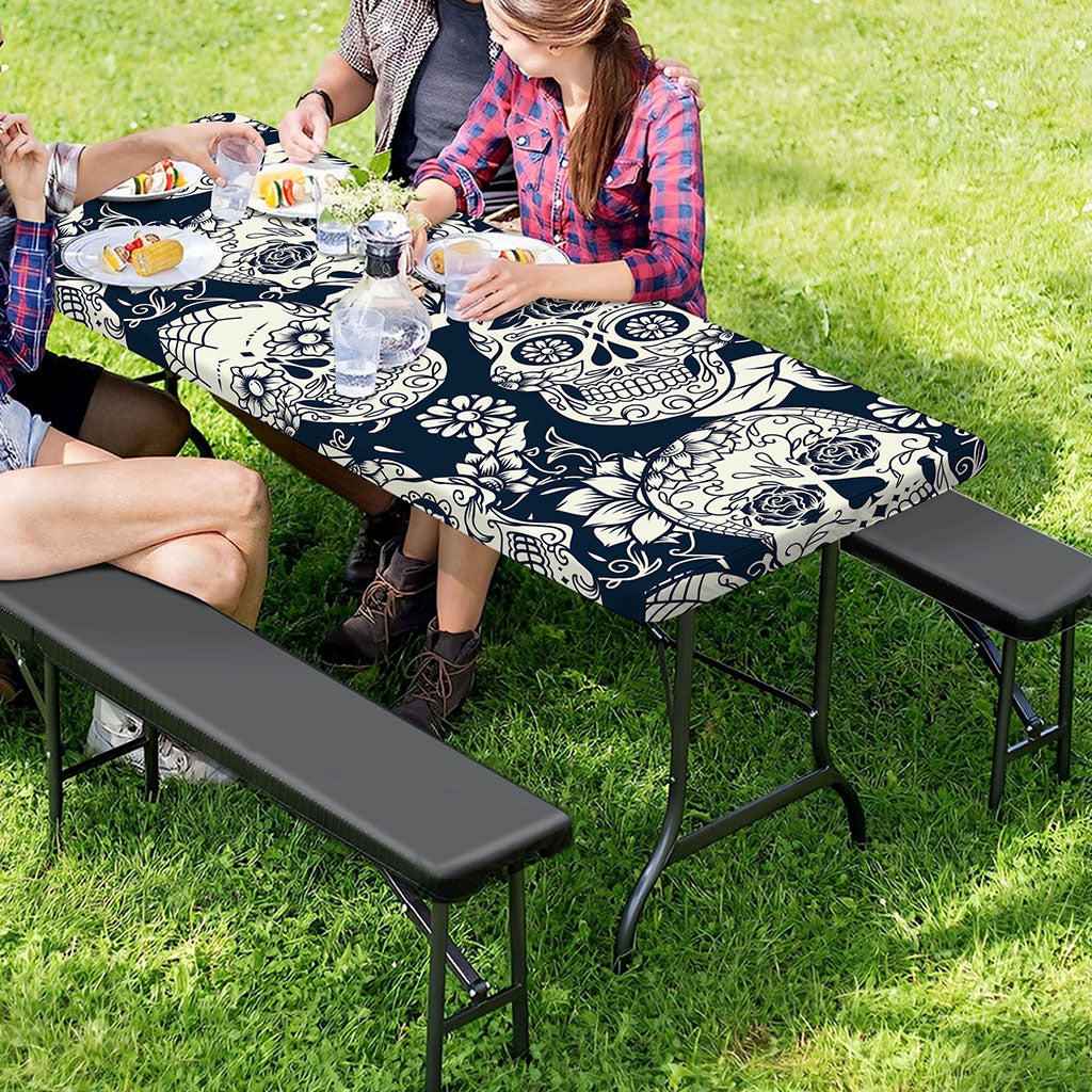 White Floral Sugar Skull Pattern Print Picnic Table Cover