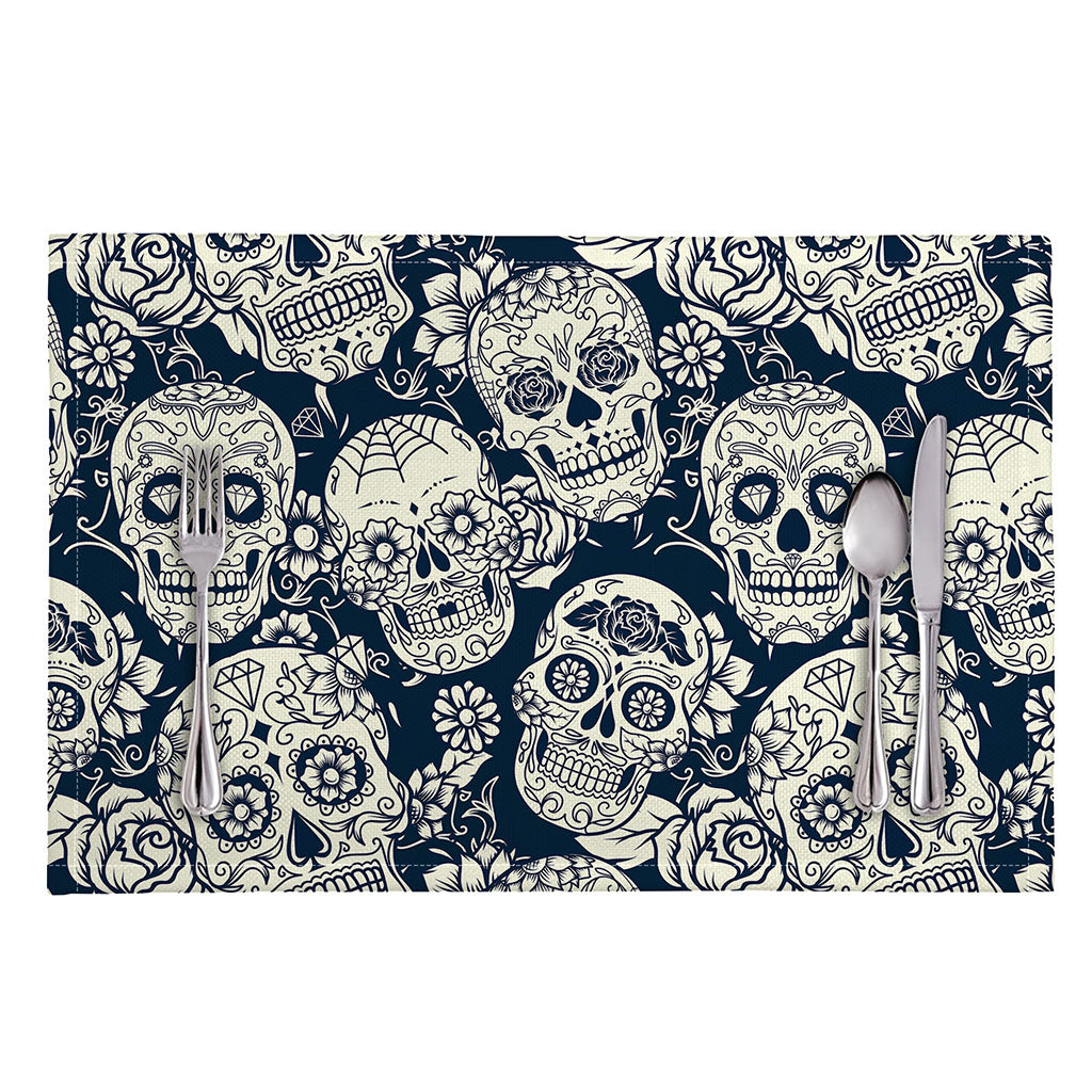 White Floral Sugar Skull Pattern Print Placemat