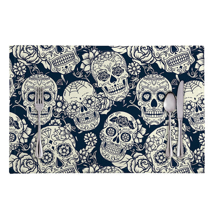 White Floral Sugar Skull Pattern Print Placemat