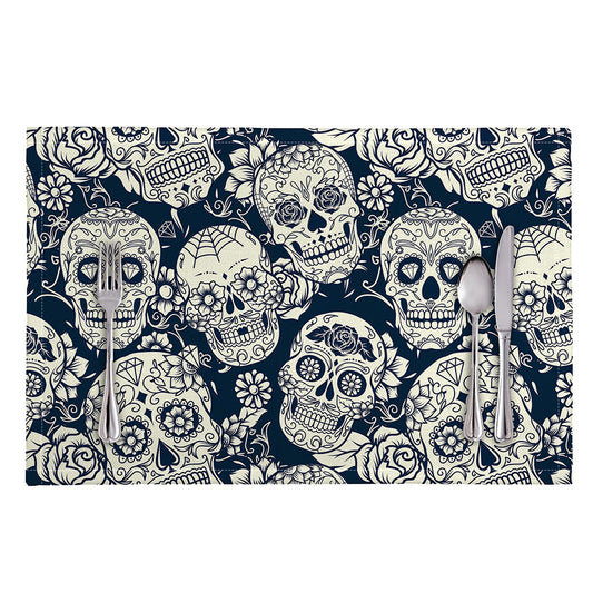 White Floral Sugar Skull Pattern Print Placemat