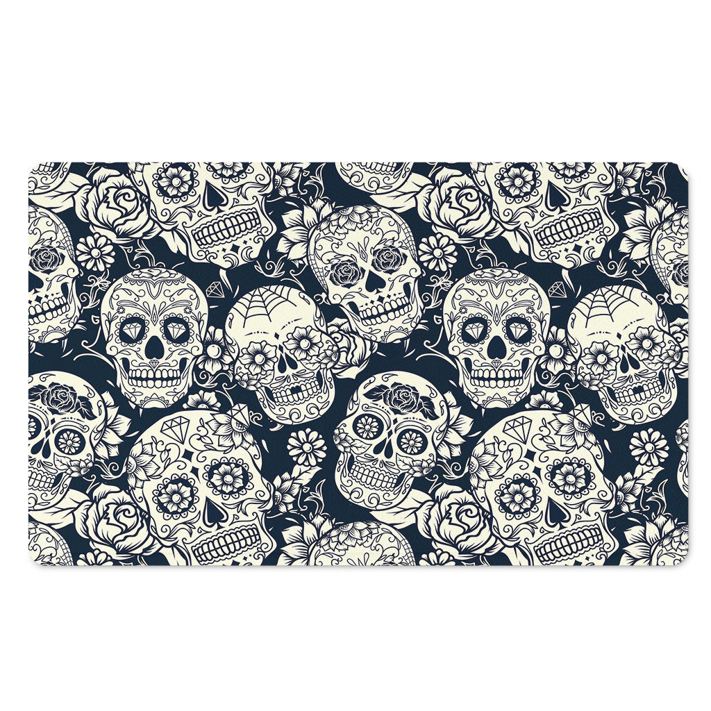 White Floral Sugar Skull Pattern Print Polyester Doormat