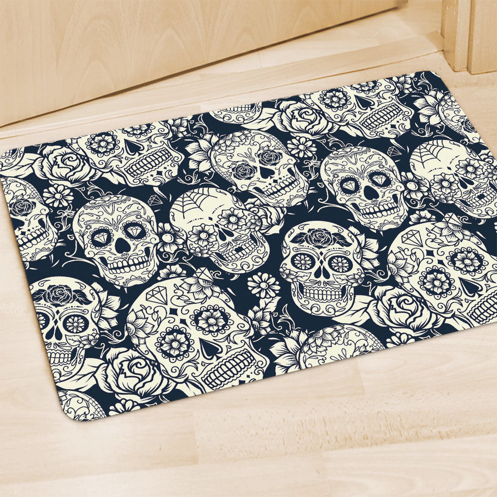 White Floral Sugar Skull Pattern Print Polyester Doormat