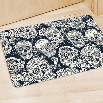 White Floral Sugar Skull Pattern Print Polyester Doormat