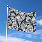 White Floral Sugar Skull Pattern Print Polyester Flag