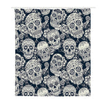 White Floral Sugar Skull Pattern Print Polyester Shower Curtain