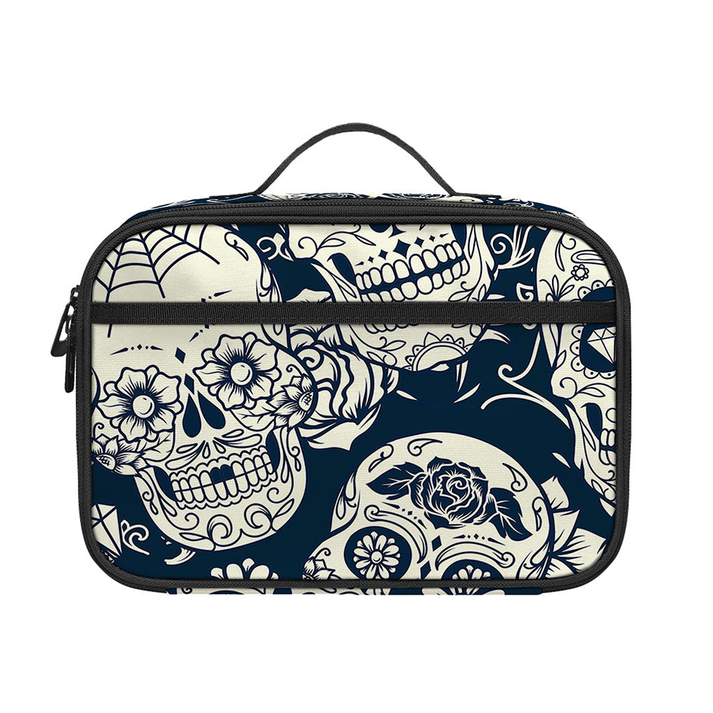 White Floral Sugar Skull Pattern Print Portable Lunch Bag