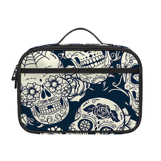 White Floral Sugar Skull Pattern Print Portable Lunch Bag