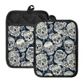 White Floral Sugar Skull Pattern Print Pot Holders With Pocket