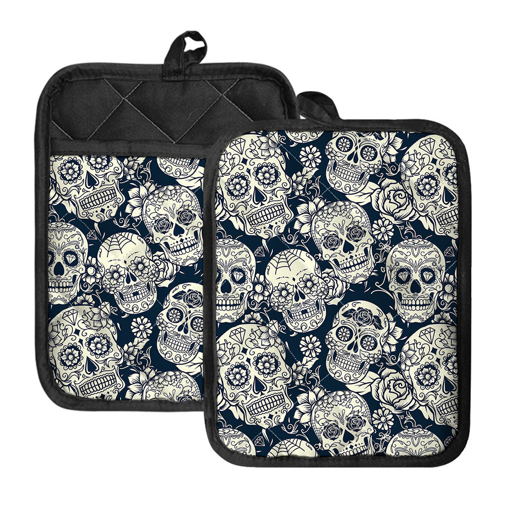 White Floral Sugar Skull Pattern Print Pot Holders With Pocket