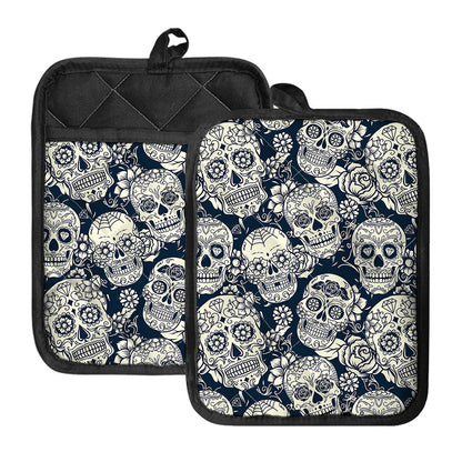 White Floral Sugar Skull Pattern Print Pot Holders With Pocket