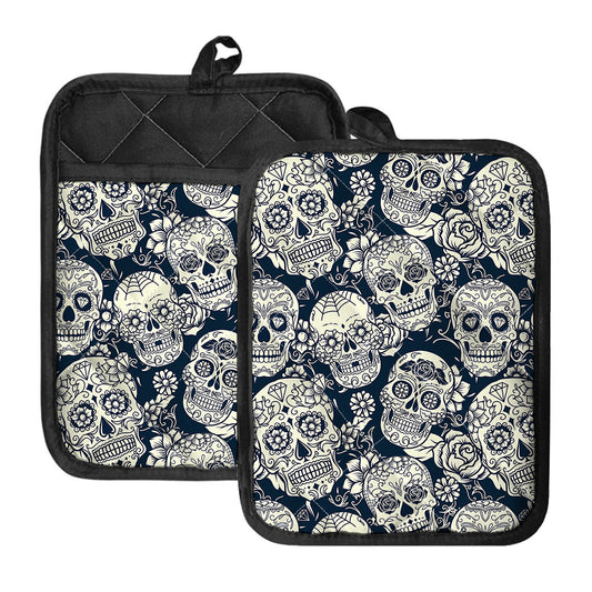 White Floral Sugar Skull Pattern Print Pot Holders With Pocket