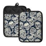 White Floral Sugar Skull Pattern Print Pot Holders With Pocket