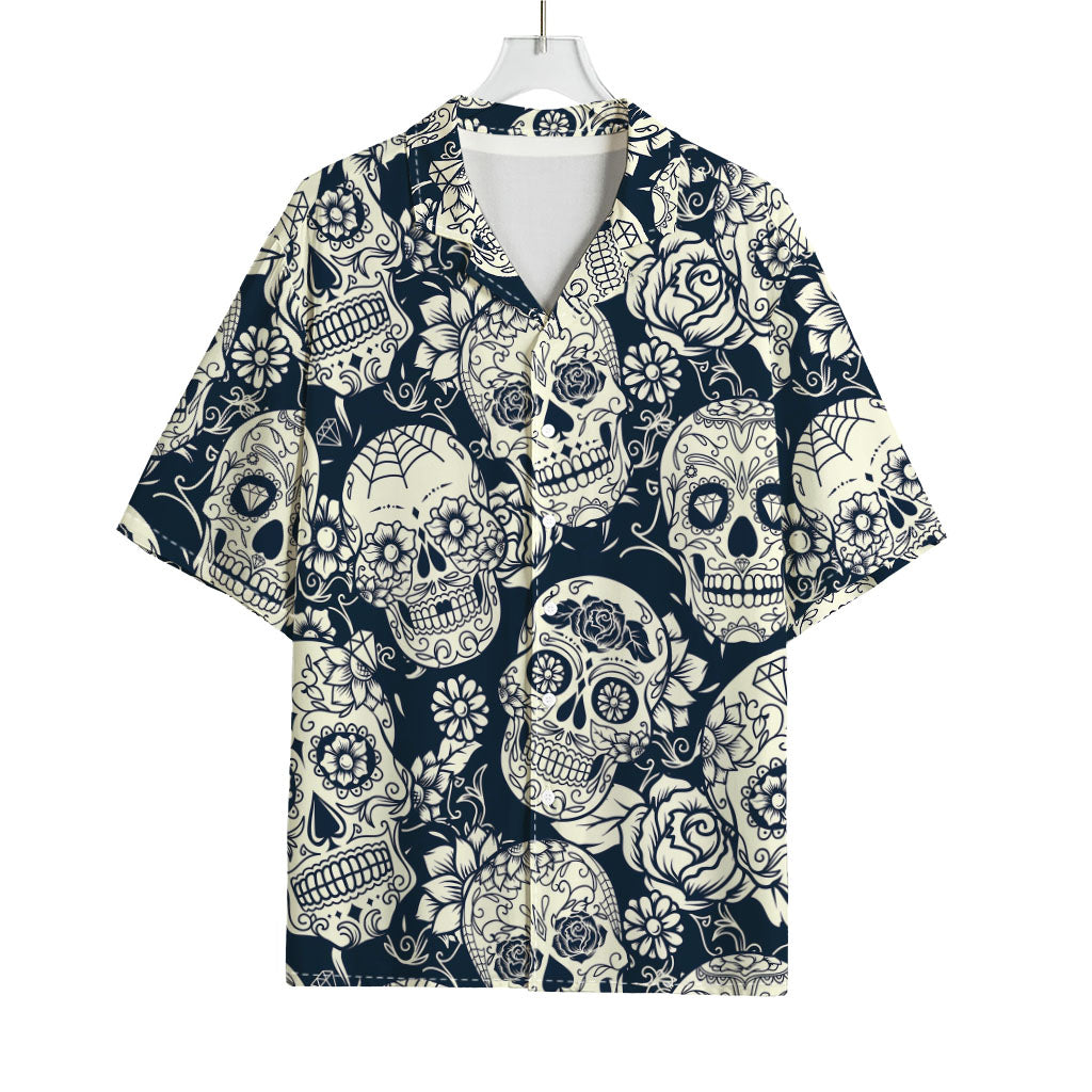 White Floral Sugar Skull Pattern Print Rayon Hawaiian Shirt