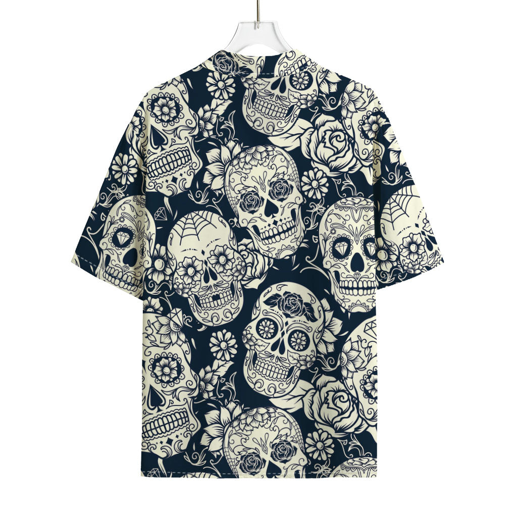 White Floral Sugar Skull Pattern Print Rayon Hawaiian Shirt
