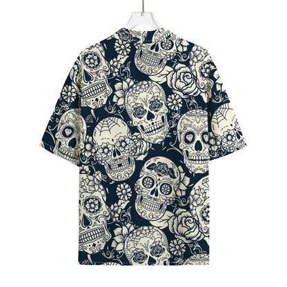 White Floral Sugar Skull Pattern Print Rayon Hawaiian Shirt