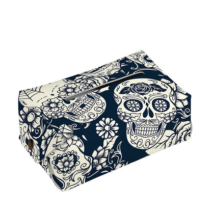 White Floral Sugar Skull Pattern Print Rectangle Tissue Box Cover