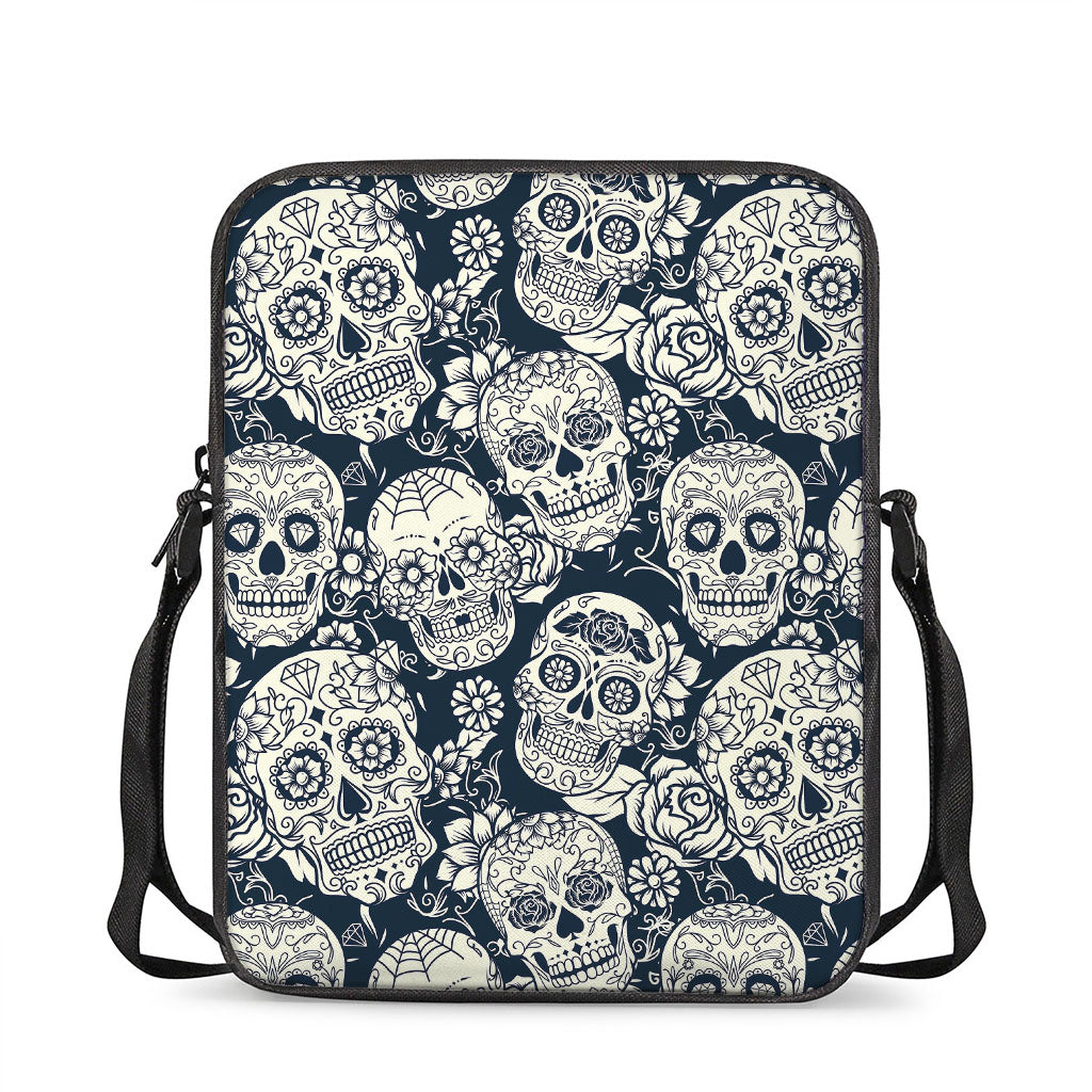 White Floral Sugar Skull Pattern Print Rectangular Crossbody Bag