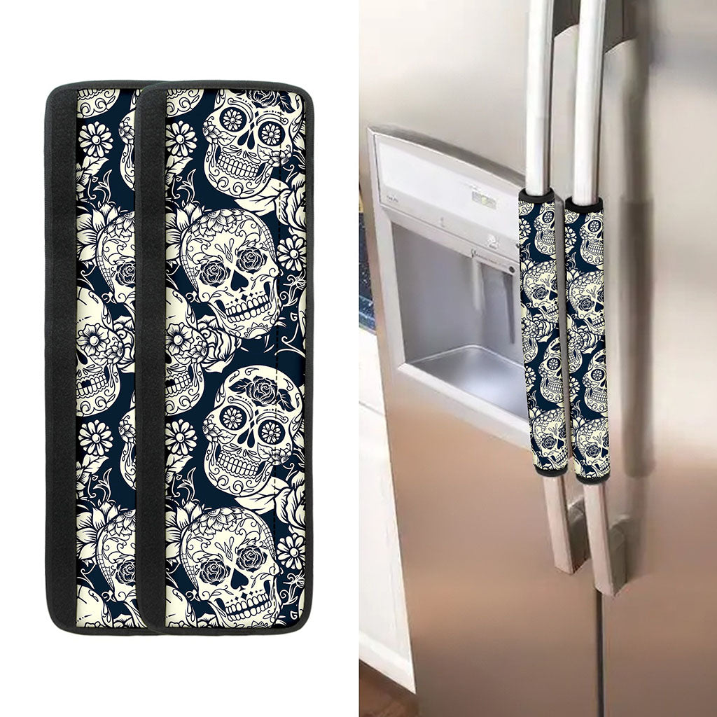 White Floral Sugar Skull Pattern Print Refrigerator Handle Covers