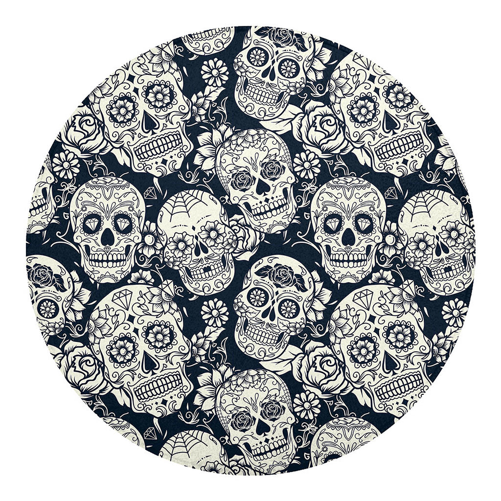 White Floral Sugar Skull Pattern Print Round Blanket