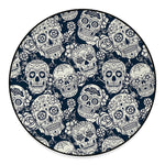 White Floral Sugar Skull Pattern Print Round Floor Mat