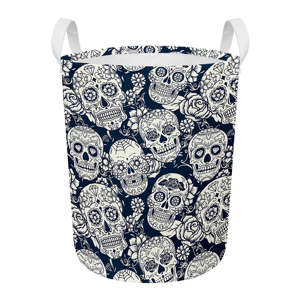 White Floral Sugar Skull Pattern Print Round Laundry Basket