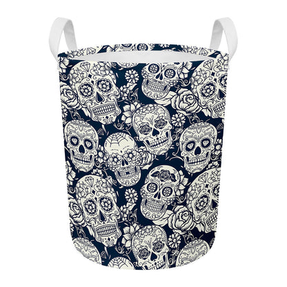 White Floral Sugar Skull Pattern Print Round Laundry Basket