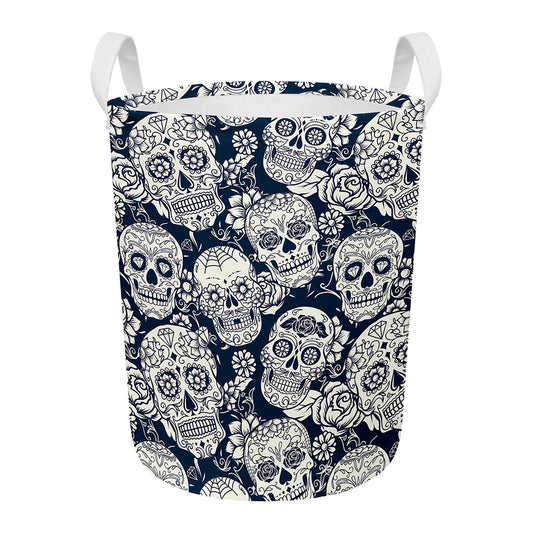 White Floral Sugar Skull Pattern Print Round Laundry Basket